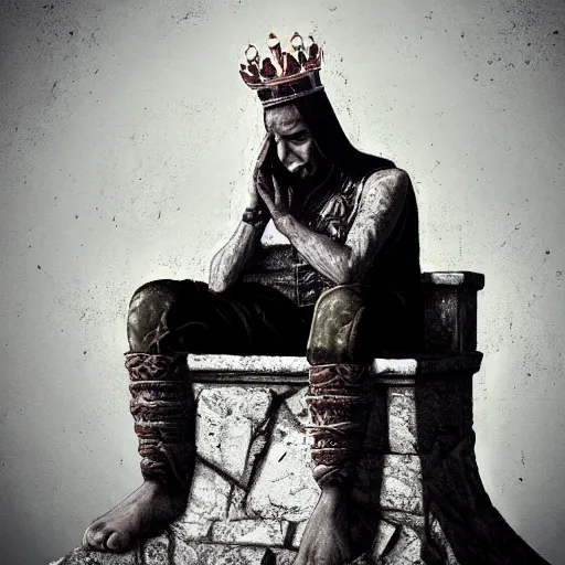 Prompt: a solitary king sitting on a crumbling throne, head in hands, depressed, somber, film still, trending on artstation