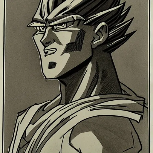 Image similar to franklin booth illustration of a man with sharp features from dragon ball z