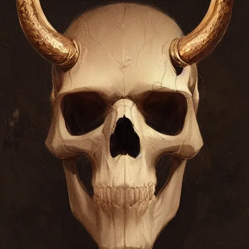 Prompt: a beautiful artwork profile portrait of a viking skull with horns study by greg rutkowski , featured on artstation, norse mythology, valhalla
