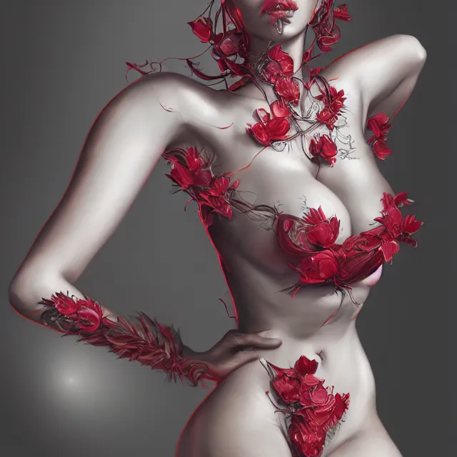 Image similar to studio portrait absurdly beautiful, elegant, graceful, young hypercolorful sensual swimsuit model rubies and red petals, ultrafine hyperrealistic detailed face illustration by kim jung gi, irakli nadar, intricate linework, sharp focus, bright colors, matte, octopath traveler, final fantasy, unreal engine highly rendered, global illumination, radiant light, intricate environment