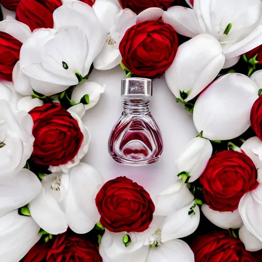 Image similar to perfume bottle sitting on a white surface surrounded by a plethora of red and white flowers, bright white realistic, up close shot, white background, zen, light, modern minimalist f 2 0