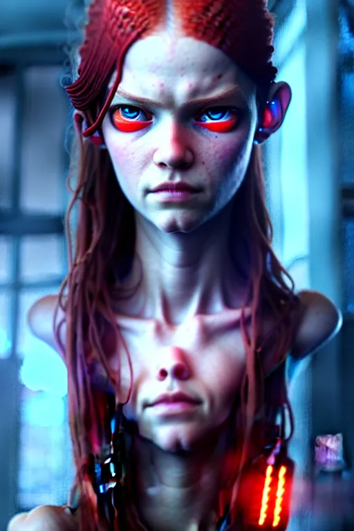 Image similar to a young tall, slender girl, with fiery red hair and bright blue eyes, hyperrealistic face, beautiful eyes, fantasy art, in the style of greg rutkowski, intricate, hyperdetalized, smooth, cyberpunk, tech