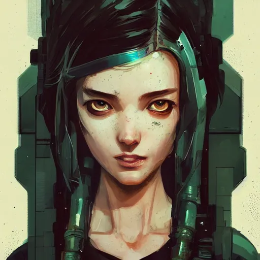 Prompt: Highly detailed portrait of a cyberpunk young lady with, freckles and wavy hair by Atey Ghailan, by Loish, by Bryan Lee O'Malley, by Cliff Chiang, by Greg Rutkowski, inspired by image comics, inspired by graphic novel cover art, inspired by nier!! Wooden farm color scheme ((grafitti tag brick wall background)), trending on artstation