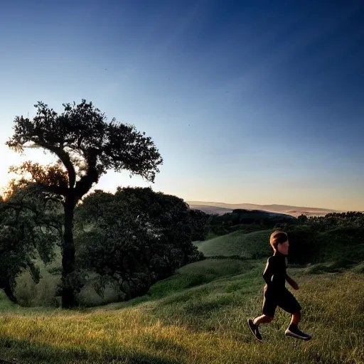 Prompt: two silhouetted children running across a hilltop with with one oak tree at far right of picture. A sun-filled dusk sky backdrop. photo by annie Liebowitz