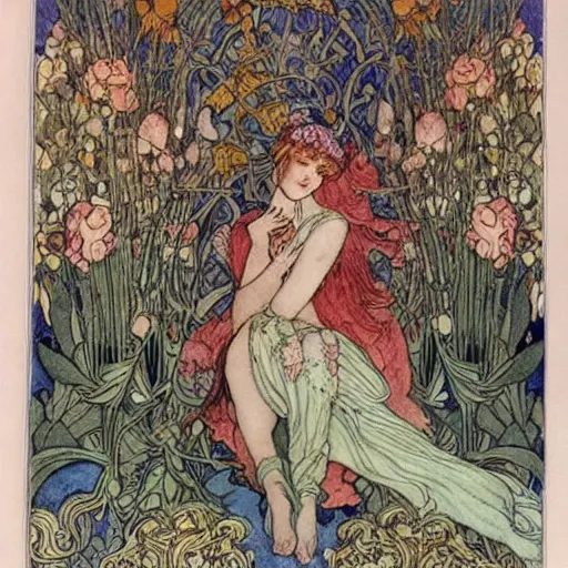 Prompt: a floral fantasy illustration by walter crane, edmund dulac, arthur rackham, and mucha