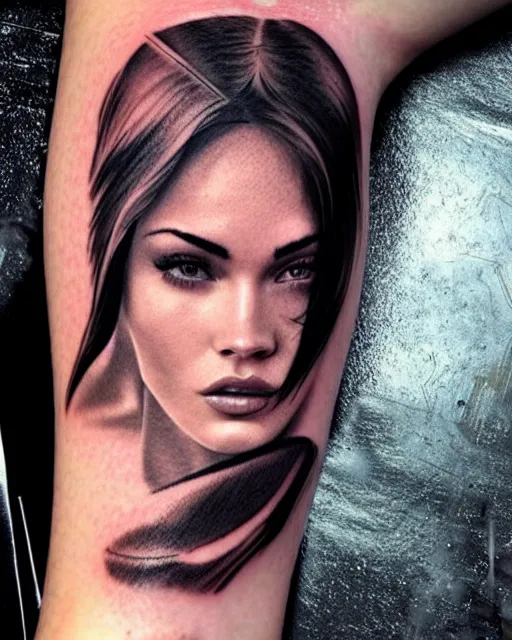 Image similar to double exposure effect tattoo sketch of megan fox faded with a beautiful mountain scenery, realism tattoo, in the style of matteo pasqualin, amazing detail, sharp