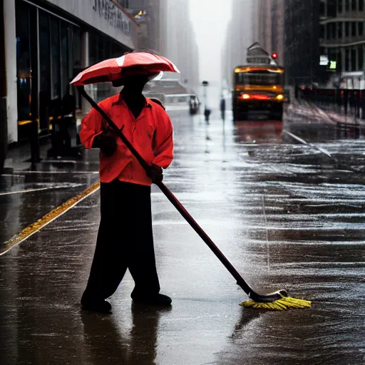 Image similar to closeup portrait of a cleaner with a giant mop in a rainy new york street, by Steve McCurry and David Lazar, natural light, detailed face, CANON Eos C300, ƒ1.8, 35mm, 8K, medium-format print