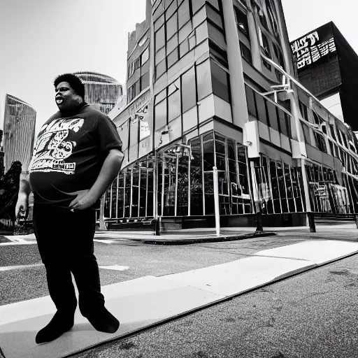 Prompt: wesley willis rock and roll mcdonalds, portrait, (Sony a7R IV, symmetric balance, polarizing filter, Photolab, Lightroom, 4K, Dolby Vision, Photography Award, black and white)