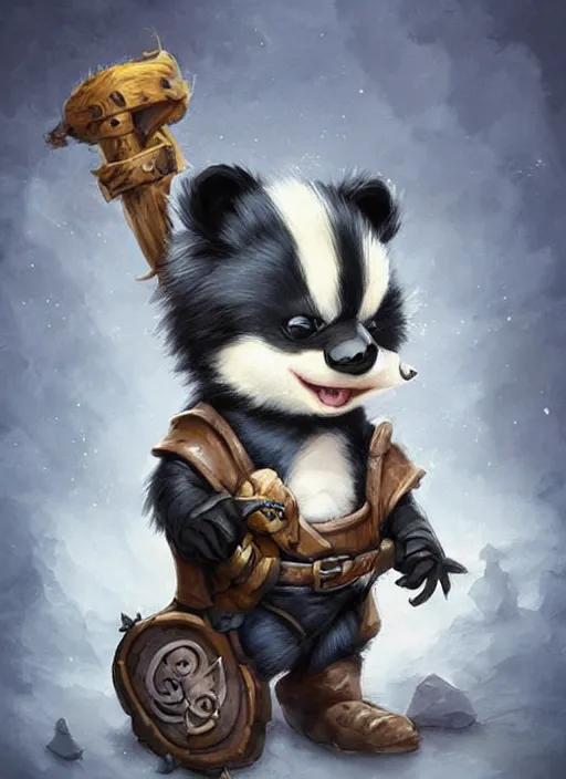 Image similar to cute little anthropomorphic skunk wizard wearing smoldereye (eyepatch), tiny, small, miniature animal, baby animal, short, pale black armor, cute and adorable, pretty, beautiful, DnD character art portrait, matte fantasy painting, DeviantArt Artstation, by Jason Felix by Steve Argyle by Tyler Jacobson by Peter Mohrbacher, cinematic lighting