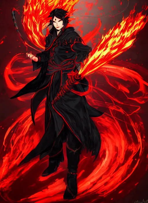 Prompt: Full body portrait of a grim elven male fire mage with black hair in black and red robe wielding fire magic, vibrant colours. In style of Yoji Shinkawa and Hyung-tae Kim, trending on ArtStation, dark fantasy, great composition, concept art, highly detailed.