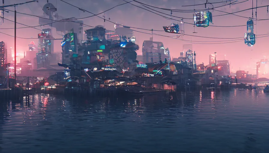 Prompt: night scene of a futuristic cyberpunk fishing village docks , 50mm, beautiful lighting, ultra detailed, 4k, 8k, trending on artstation, octane render, photorealistic, unreal engine 5