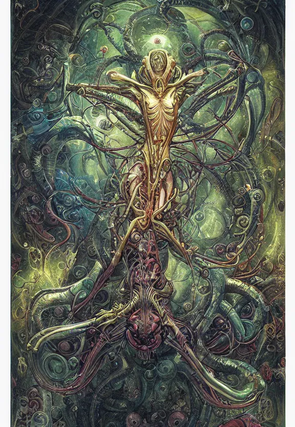 Image similar to simplicity, elegant, colorful glowing muscular cyborg eldritch, flowers, bodies, radiating, mandala, psychedelic, underwater, bubbles, shadows, by h. r. giger and esao andrews and maria sibylla merian eugene delacroix, gustave dore, thomas moran, pop art, giger's biomechanical xenomorph, art nouveau