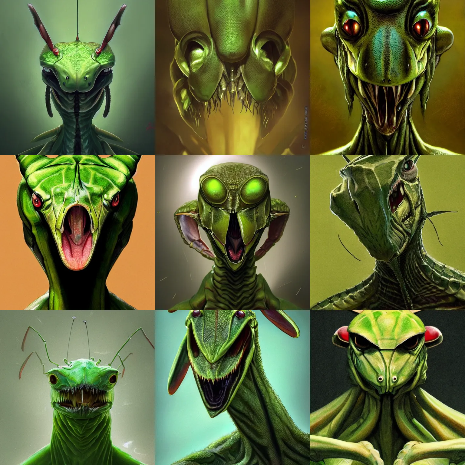 Prompt: mid - shot portrait of green anthropomorphic mantis religiosa ; hard predatory look ; d & d rogue ; raptorial forearms folded ; triangle - shaped head with antennae ; concept art ; artstation ; 8 k ; wallpapers ; heavy contrast ; cinematic art ; cgsociety ; art by greg rutkowski and artgerm