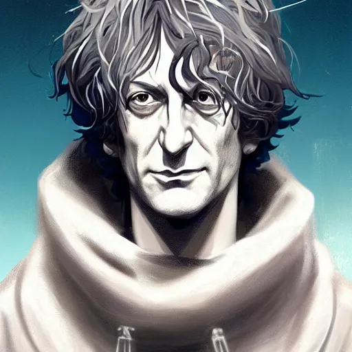 Image similar to closeup portrait of Neil Gaiman as The Sandman, pale skin, long black leather jacket, unruly hair, ambient lighting, 4k, anime key visual, lois van baarle, ilya kuvshinov, rossdraws, artstation