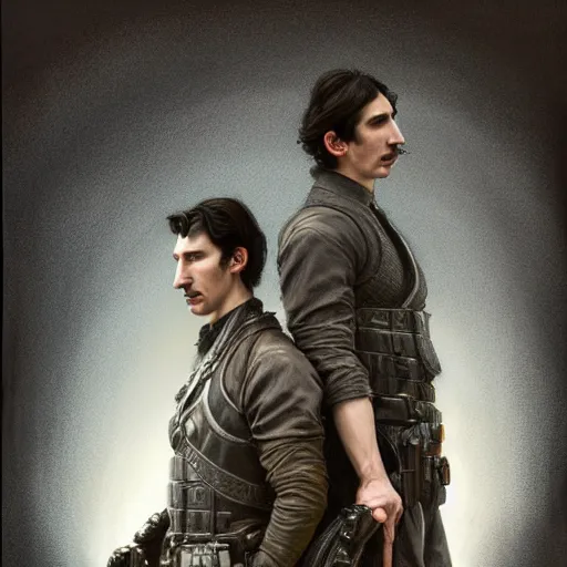 Image similar to portrait of both john oliver and adam driver standing together looking stoic, full body, military uniform, fantasy, intricate, elegant, beautiful, highly detailed, charcoal, centered, dark, smokey, digital painting, artstation, concept art, smooth, sharp focus, illustration, art by artgerm and greg rutkowski and alphonse mucha