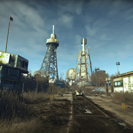 Image similar to Cape Canaveral post-nuclear war in Fallout 4, in game screenshot