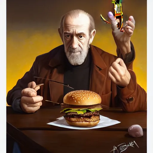 Prompt: portrait of george carlin eating hamburgers, extra onions and ketchup, luscious patty with sesame seeds, feminine ethereal, handsome, d & d, fantasy, intricate, elegant, highly detailed, digital painting, artstation, concept art, matte, sharp focus, illustration, art by artgerm and greg rutkowski and alphonse mucha