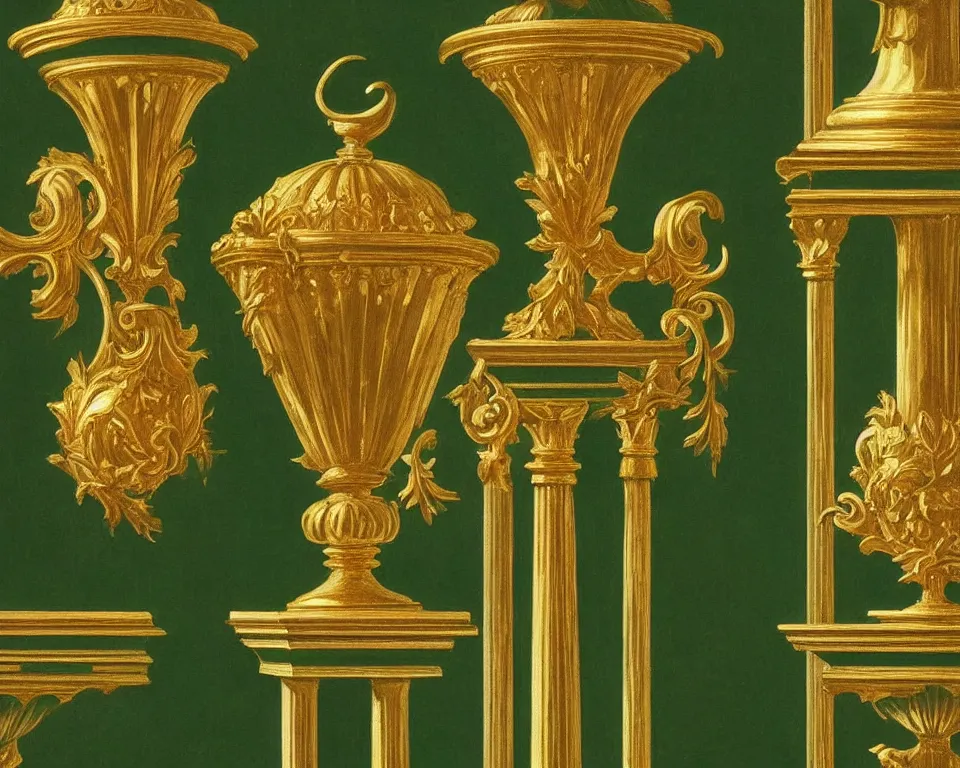 Prompt: an achingly beautiful print of gold clocks and marble corinthian capitals on a forest green wall by Raphael, Hopper, and Rene Magritte. detailed, romantic, enchanting, trending on artstation.