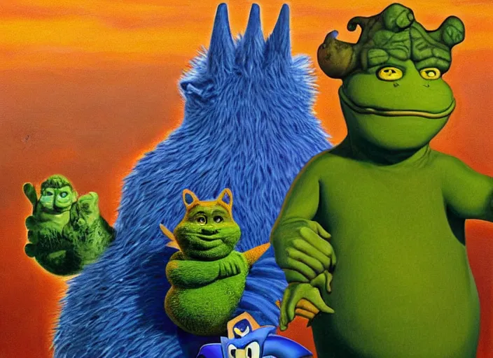 Prompt: surrealist impressionist painting of sonic the hedgehog and shrek and garfield at dusk, in the style of michael whelan and james gurney and wayne barlowe