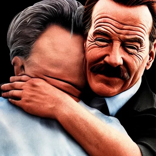 Image similar to Bryan Cranston hugging Stalin, 4k, photorealistic, hd, realistic, insanely detailed