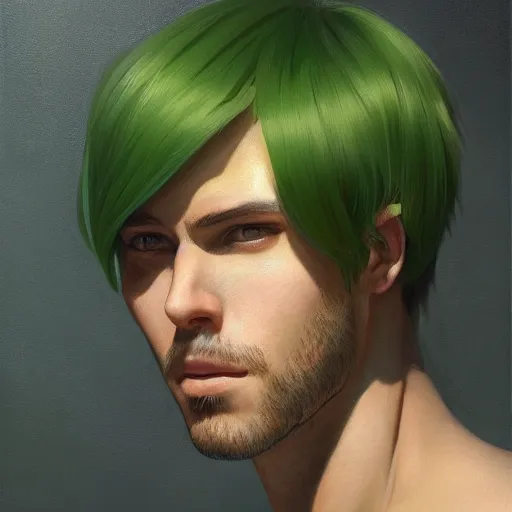 Image similar to A ultra-detailed beautiful portrait painting of a man with medium-length green hair and stubble, Oil painting, by Ilya Kuvshinov, Greg Rutkowski and Makoto Shinkai