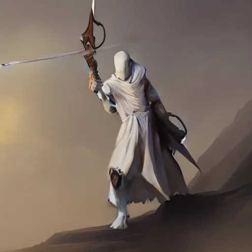 Image similar to fantasy painting of a pale man dressed in robes with a black blade, painted by Bayard Wu, ultra detailed, 8k