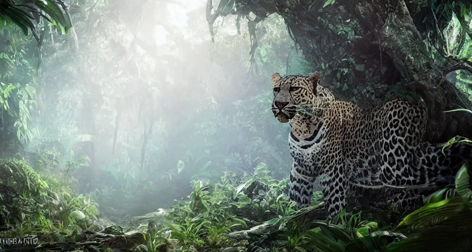 Image similar to wide angle shot of a cybernetic leopard in a jungle environment, dramatic lighting, cinematic, cgsociety, artstation, 4k