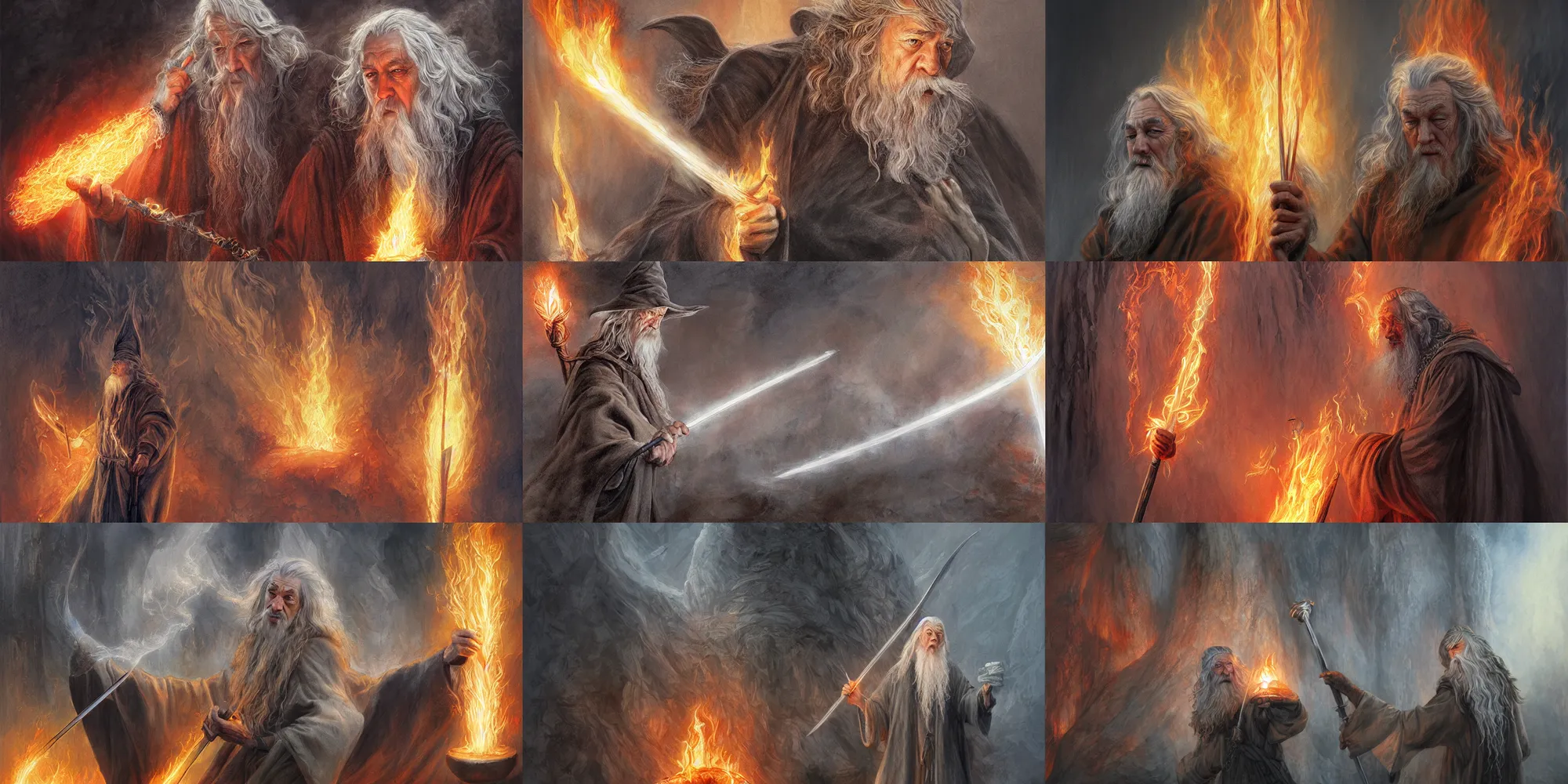 Prompt: gandalf inside a backdraft of flame protected by his glowing staff, by alan lee, intricate, detailed, wide angle, digital painting, artstation