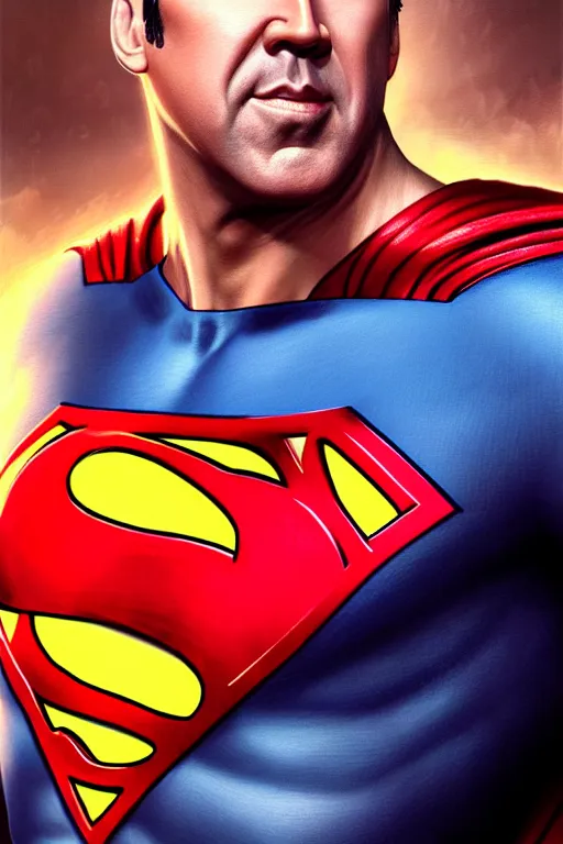 Image similar to portrait of nicolas cage as superman looking away from the camera, detailed eyes, sparkle in eyes, no hands visible, intricate, extremely detailed digital painting by greg rutkowski and mark brooks, hd, artstation