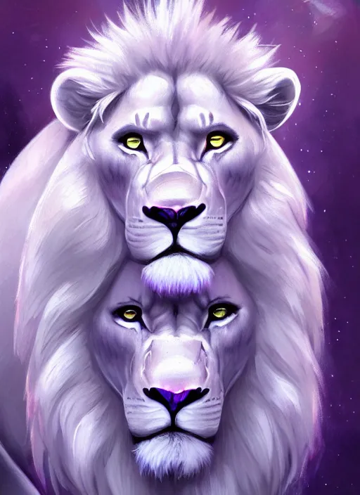 Image similar to aesthetic portrait commission of an albino male furry anthro lion with large muscles and lavender and mint colored glowing orbs of light surrounding and illuminating the lions face softly charlie bowater, detailed, inked, western comic book art, 2017 award winning painting, digital art, artstation