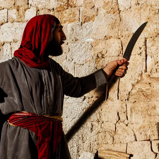 Image similar to award winning cinematic still of nighttime with 40 year old Mediterranean skinned man in Ancient Canaanite clothing fixing a ruined, crumbled wall in Jerusalem, holding a sword, dramatic lighting, nighttime, strong shadows, bold color contrast, action movie stills