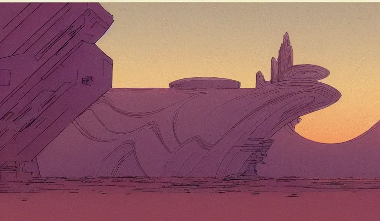 Prompt: A serene landscape with a singular building in the style of Moebius.