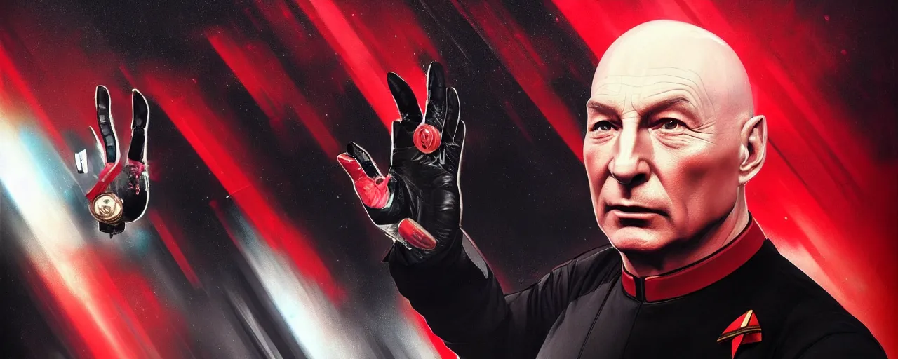 Image similar to duotone black and red concept 3 / 4 portrait of ( ( ( picard facepalm meme ) ) ) captain jean - luc picard with palm on his face inside uss enterprise. accidental renaissance. concept by stanley kubrick. sergey kolesov and ruan jia and heng z. graffiti art, scifi, fantasy, hyper detailed. octane render. trending on artstation