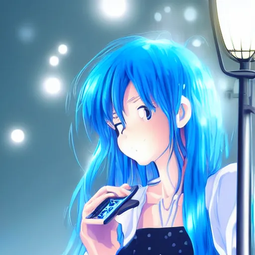 Image similar to Portrait of a beuatiful anime girl in blue hair holding a phone at night, standing near a light pole, high quality digital art 4k