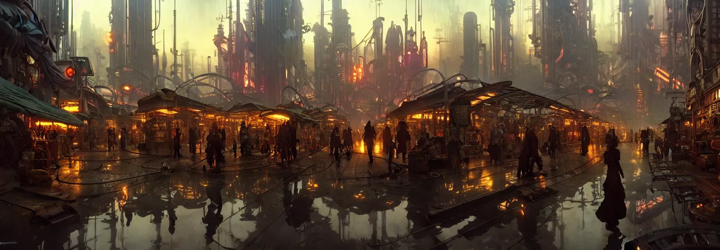 Image similar to steampunk cyberpunk city in a swamp, busy market, godrays, cinematic, poster art by weta studio, lucasfilm jesper ejsing, norman rockwell, mucha, ilya kuvshinov, greg rutkowski frank frazzeta on artstation