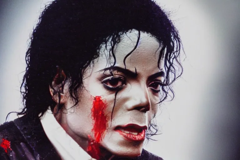 Image similar to photo of michael jackson schreaming scratched face bloody veigns showing high detail photorealistic dramatic lighting 4K