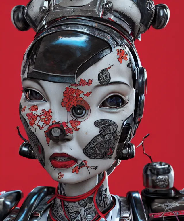 Image similar to an epic fantastic realism comic book style portrait painting of a japanese robotic geisha with kanji tattoos and decals, apex legends, octane render, intricate detail, 4 k hd, unreal engine 5