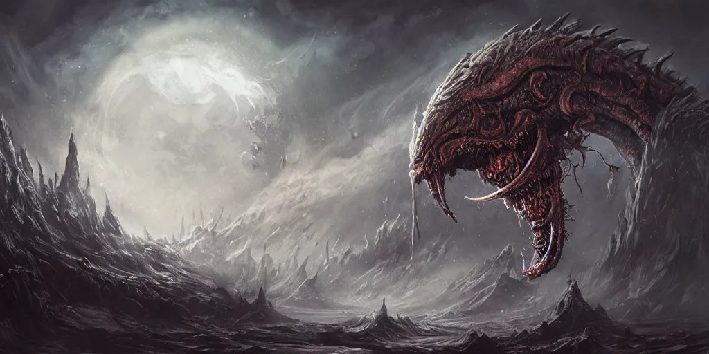 Prompt: concept art of giant alien kaiju, lovecraftian, roaring, melting horror, round moon, rich clouds, fighting the horrors of the unknown, mirrors, very detailed, volumetric light, mist, grim, fine art, decaying, textured oil over canvas, epic fantasy art, very colorful, ornate scales, anato finnstark