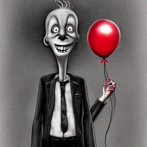 Image similar to surrealism grunge cartoon portrait sketch of slender man with a wide smile and a red balloon by - michael karcz, loony toons style, chucky style, horror theme, detailed, elegant, intricate