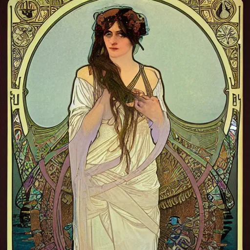 Prompt: lady of the lake by alphonse mucha