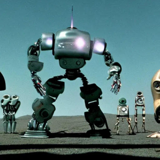 Image similar to film still of the 2001 movie robot invasion from planet 153