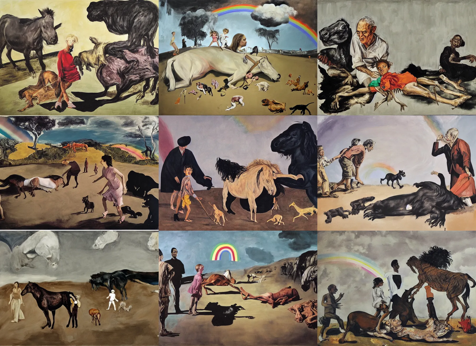 Prompt: “ large painting, by paula rego and neo rauch, a young child beside a dead pony, a white man walking a black dog, a young woman whose body was burning, a young girl, she gave me a rainbow ”
