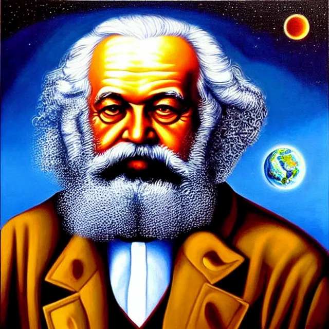 Image similar to an oil on canvas portrait painting of karl marx, surrealism, surrealist, cosmic horror, rob gonsalves, high detail