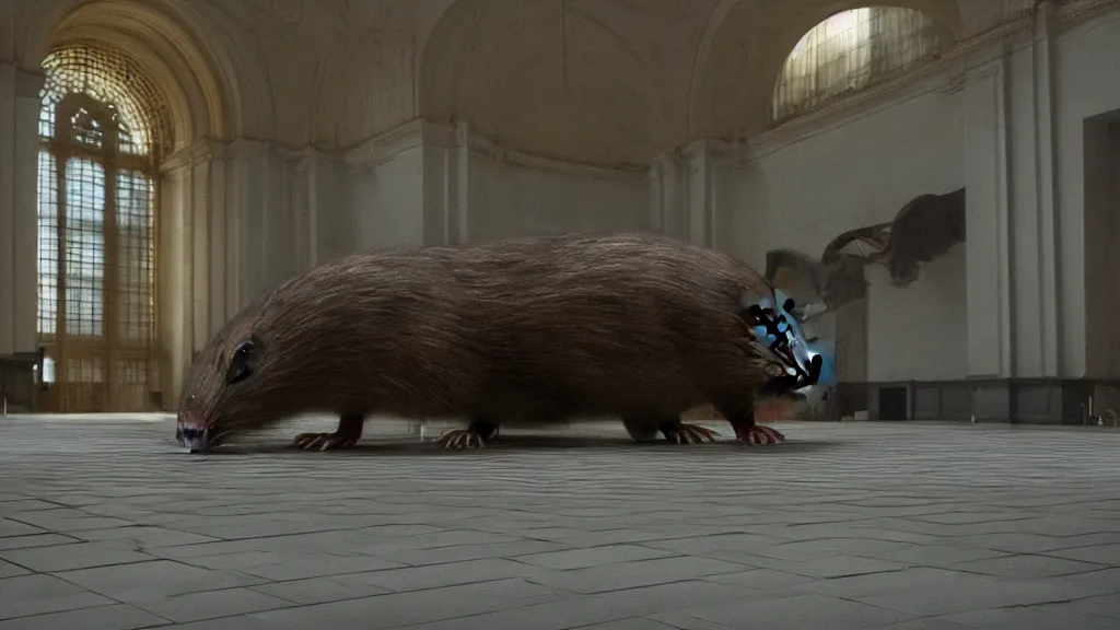 Prompt: the giant rat in city hall, made of wax and water, film still from the movie directed by Denis Villeneuve with art direction by Zdzisław Beksiński, wide lens