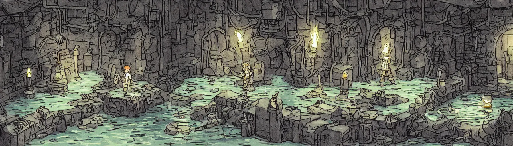 Prompt: scene from studio ghibli's sewer adventures where the wizard stands in a waist - deep river holding a torch in a long twisting sewer tunnel. underground, crumbling masonry, sewage falling from grates. concept art from darkest dungeon