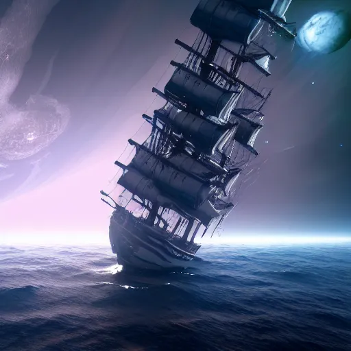 Image similar to ghost ship sailing through space ,highly detailed, 4k, HDR, award-winning, artstation, octane render