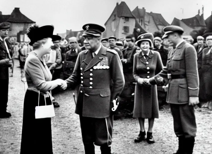 Prompt: ultra wide 1 9 4 6 blurry historical far away photo a single german general shaking hands with a young queen elizabeth in a french village, her corgis are nearby highly detailed, sharp focus