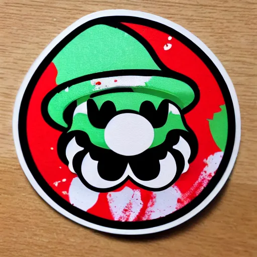 Image similar to die cut sticker, yoshi wearing mario's mustache, splatter paint