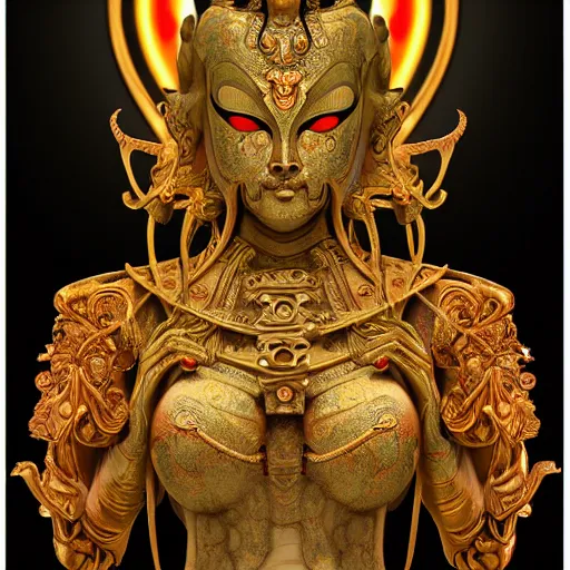 Prompt: naraka buddhist demon korean female, highly detailed, symmetrical long head, golden amber eyes, smooth marble surfaces, detailed ink illustration, raiden metal gear, cinematic smooth stone, deep aesthetic, concept art, post process, 4 k, carved marble texture and silk cloth, latex skin, highly ornate intricate details, in the style of 8 8 grzes