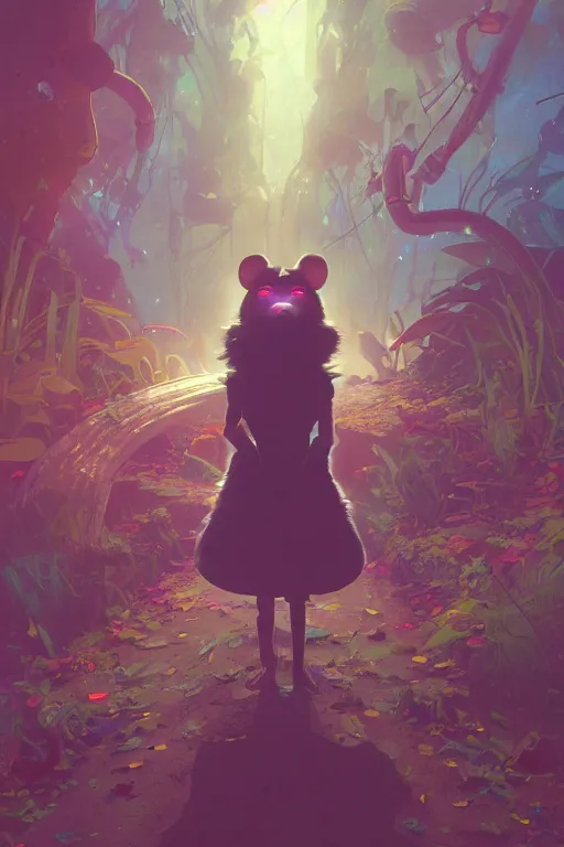 Image similar to a dreamy otherworldly 3 d render of anthropomorphic cyborg rodent on pathway to castle, studio ghibli, pixar and disney exploded - view drawing, sharp, disney octane render splatter paint vray by shinji kimura and alphonse mucha and alena aenami, maximalist pastel color palette, ( ( bloom ) ), dramatic lighting